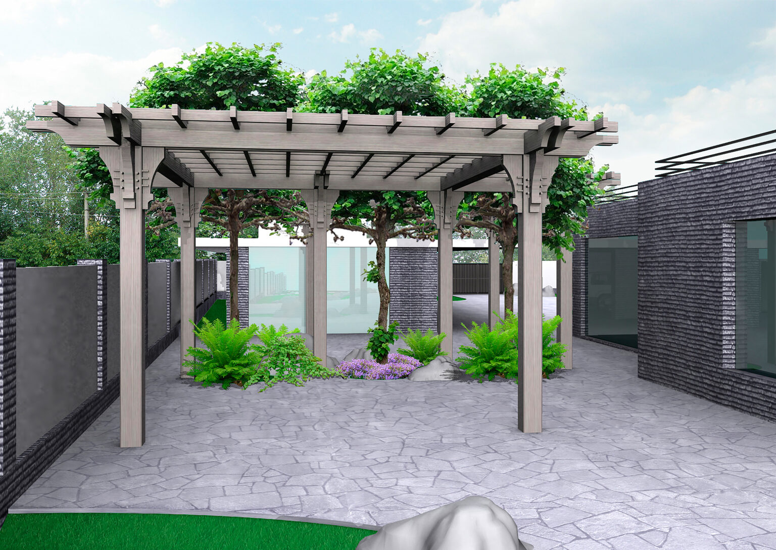Three-dimensional illustration of arrangement patio living space.